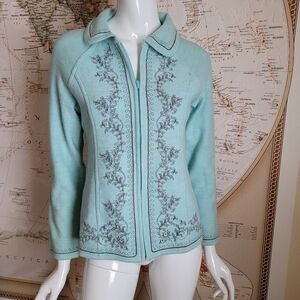 Pendleton 100% wool pale aqua zipper cardigan collar gray embroidery grandma XS